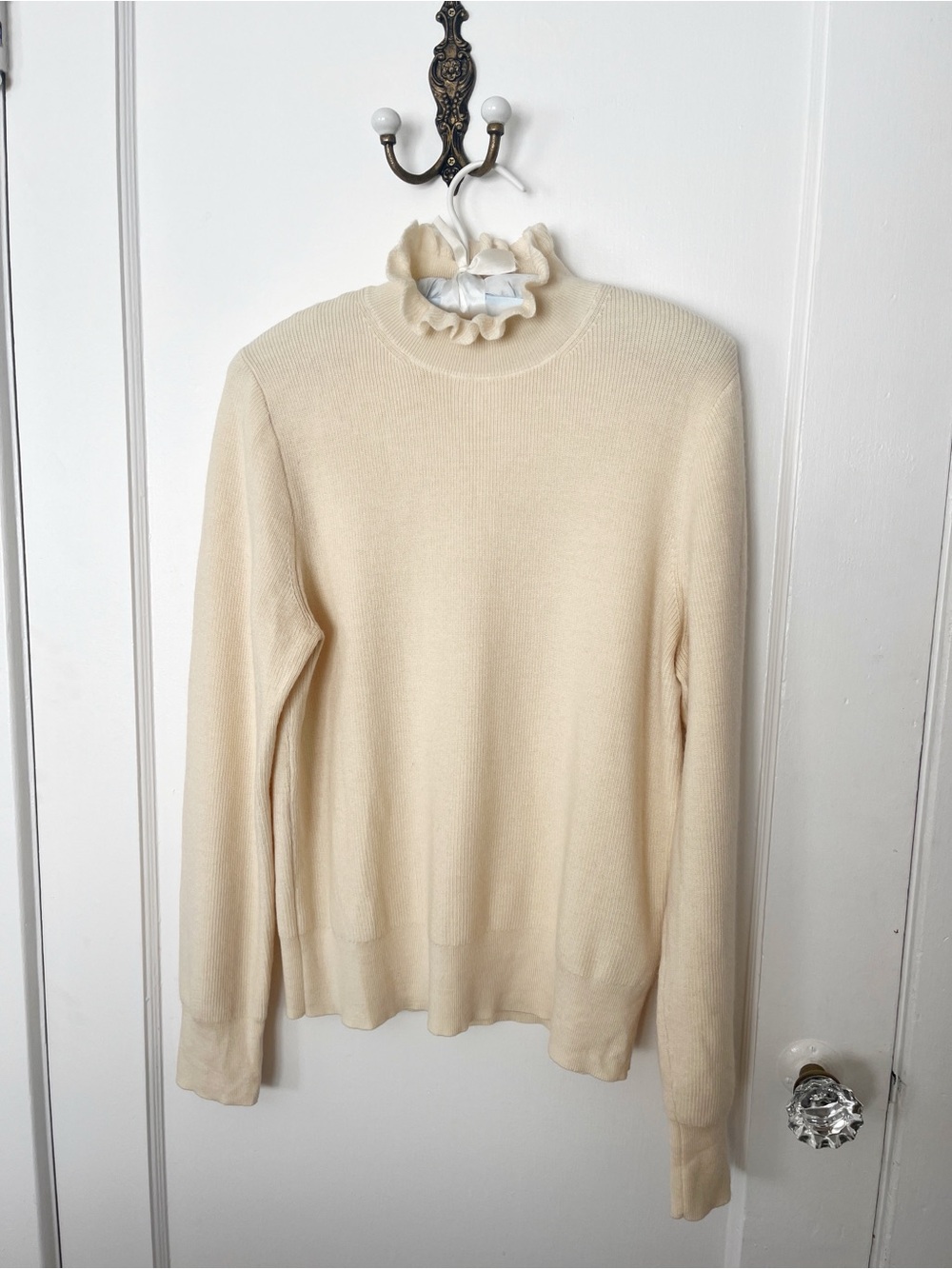 Cream Ruffle Mock Neck Women's Sweater